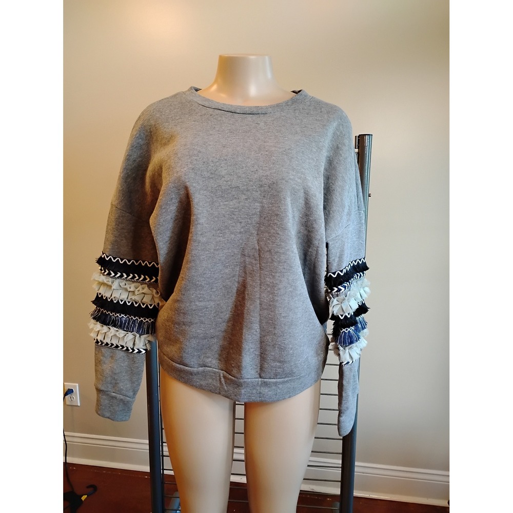 Yoins Heather Gray Fringe Sleeve Crewneck Sweatshirt Large Boho Tiered Ruffle